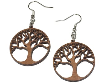 Tree of Life Wood Earrings, Cherry Wood Earrings, Yoga Jewelry, Nature Jewelry, Natural Wood Earrings