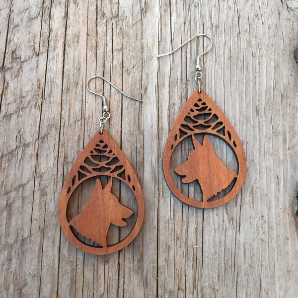 German Shepherd Wood Earrings, Cherry Wood Earrings, Animal Jewelry,  Jewelry Dog, Natural Wood Earrings