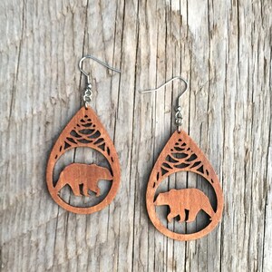 Bear Wood Earrings, Cherry Wood Earrings, Animal Jewelry, Nature Jewelry, Natural Wood Earrings