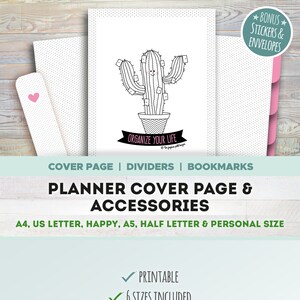 PÁGINA DE PORTADA DEL PLANIFICADOR y accesorios, Imprimible, portada, divisor, marcador, sobre, pegatinas, A4, A5, Carta, Media carta, Feliz, Personal