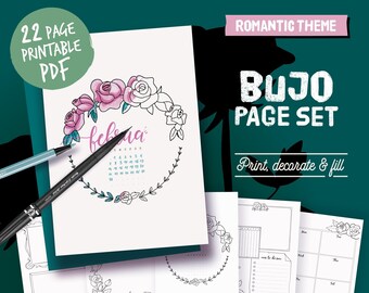Printable pages for illustrated planner, coloring romantic theme, undated planner pages, hand drawn style, page templates, A4, A5, Letter...