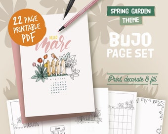Printable pages for illustrated planner, coloring spring theme, undated planner pages, hand drawn style, page templates, A4, A5, Letter...
