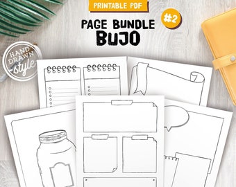 Illustrated printable pages, page templates for Bullet, dotted grid and blank versions, hand drawn style, A5, A4, Us Letter and Half size