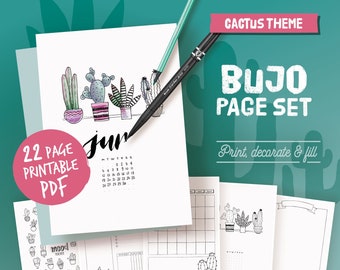 Printable pages for illustrated planner, coloring cactus theme, undated planner pages, hand drawn style, page templates, A4, A5, Letter...