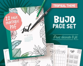 Printable pages for illustrated planner, coloring tropical theme, undated planner pages, hand drawn style, page templates, A4, A5, Letter...