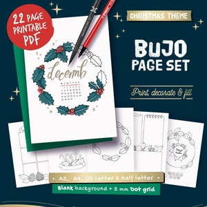 Printable pages for illustrated planner, Christmas & winter theme, undated planner pages, hand drawn style, page templates, A4, A5, Letter image 1