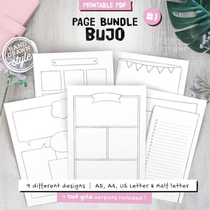 Páginas ilustradas para impressão, modelos de páginas para marcadores, grade pontilhada e versões em branco, estilo desenhado à mão, A5, A4, Carta Us e Meio tamanho