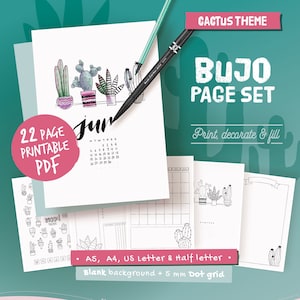 Páginas imprimibles para planificador ilustrado, tema de cactus para colorear, páginas de planificador sin fecha, estilo dibujado a mano, plantillas de página, A4, A5, Carta...