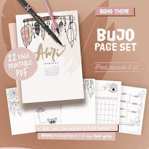 Pagine stampabili per agenda illustrata, tema boho da colorare, pagine di agenda senza data, stile disegnato a mano, modelli di pagina, A4, A5, Lettera...