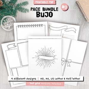 Illustrated printable pages, page templates for Bullet, dotted grid and blank versions, hand drawn style, A5, A4, Us Letter and Half size