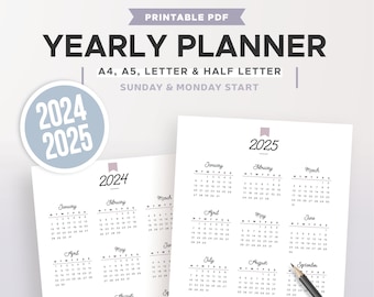 2024 and 2025 yearly calendar printable, yearly planner, sunday & monday start, agenda refill, filofax inserts A5, A4, Letter and Half size