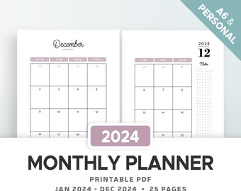 2024 MONTHLY PLANNER PRINTABLE, 2024 monthly calendar, Monday & Sunday start, agenda refill, filofax inserts A6 and Personal size