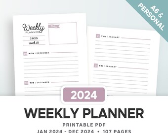 2024 WEEKLY PLANNER PRINTABLE, agenda refill 2024, pdf weekly diary, organiser, WO2P, lined, unlined, filofax insert, Personal, A6