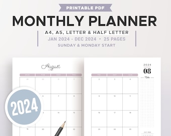 2024 MONTHLY PLANNER PRINTABLE, monthly calendar, Monday & Sunday start, agenda refill, filofax inserts, A5, A4, Letter and half size