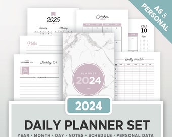 2024 DAILY PLANNER SET printable, yearly and monthly calendar, daily agenda, notes, schedule, planner insert, filofax Personal & a6