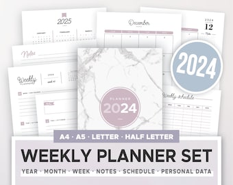 2024 WEEKLY PLANNER KIT printable, yearly & monthly calendar, weekly agenda, schedule, inserts planner A5, A4, Letter and half size