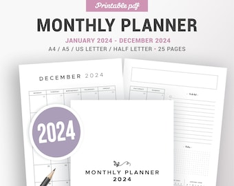 2024 MONTHLY PLANNER PRINTABLE, monthly calendar, Monday & Sunday start, agenda refill, filofax inserts, A5, A4, Letter and half size