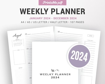 2024 WEEKLY PLANNER PRINTABLE, agenda refill, pdf diary, organiser, weekly schedule, WO2P, filofax inserts, A5, A4, Letter & half size