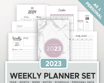 2023 WEEKLY PLANNER KIT printable, yearly calendar, monthly calendar, weekly agenda, schedule, notes, inserts planner Personal, a6