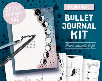 Printable bullet journal, coloring moon theme, undated planner page bundle, hand drawn style planner templates, A4, A5, Letter,half size
