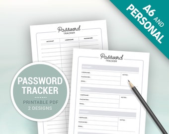 Password tracker, account information tracker, pass code organizer, passwords log, printable planner inserts for A6 and personal sizes