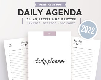 2022 DAILY PLANNER PRINTABLE, agenda refill, pdf diary, organiser, daily schedule, DO1P, filofax inserts, A5, A4, Letter & half size
