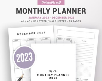 2023 MONTHLY PLANNER PRINTABLE, monthly calendar, Monday & Sunday start, agenda refill, filofax inserts, A5, A4, Letter and half size