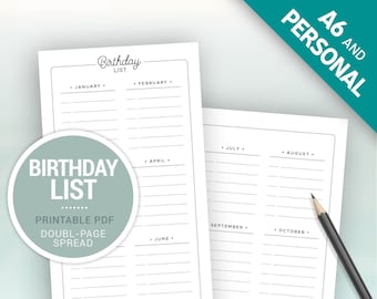 birthday tracker, year calendar Template Printable, birthday planner, Anniversary Diary, printable planner inserts for A6 & personal sizes