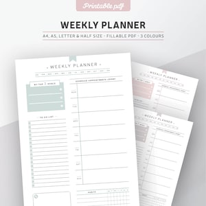 Weekly planner page, printable fillable PDF insert for time management, productivity planner in pink, mint & grey colours, A4, A5, letter...