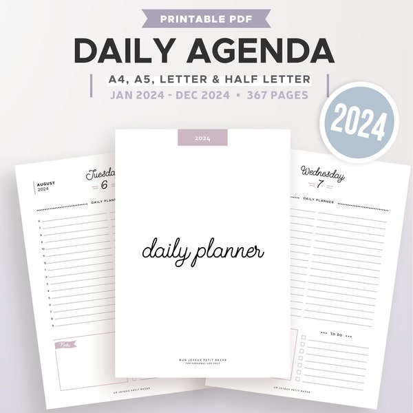 2024 DAILY PLANNER PRINTABLE, agenda refill, pdf diary, organiser, daily schedule, DO1P, filofax inserts, A5, A4, Letter & half size