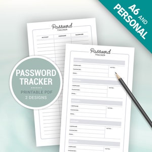Peut inclure: Un modèle de suivi de mot de passe imprimable au format A6 avec deux designs différents. Le suivi comporte des sections pour le compte, le nom d'utilisateur, le mot de passe, l'e-mail et les notes.