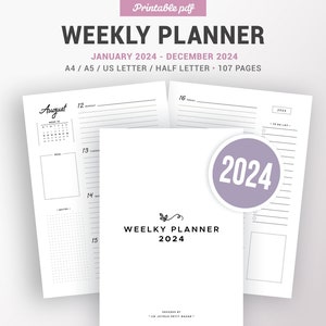 2024 WEEKLY PLANNER PRINTABLE, agenda refill, pdf diary, organiser, weekly schedule, WO2P, filofax inserts, A5, A4, Letter & half size image 1