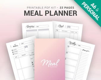 MEAL PLANNER Printable, Shopping list, recipe cards, preparation of meal, meals ideas, menus, kitchen inventory, A6 & personal size inserts