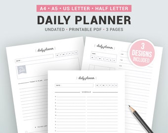 May include: A printable daily planner with three different designs. The planner has sections for today's plan, schedule, and to-do list. The planner is undated and includes a note section.