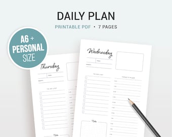 DAILY PLAN, undated daily planner, daily diary, printable planner, 366 pages, day on 1 page, DO1P, 7 days, A6 and personal size