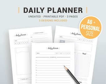 May include: Three printable daily planner pages in A6+ size. Each page features a different layout with sections for scheduling, to-do lists, notes, and meals. The pages are designed in a minimalist style with black text on a white background.