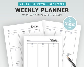 WEEKLY PLANNER PAGES / printable / undated planner pages, blank weekly planner, weekly agenda, printable inserts, A5, A4, Letter, half size