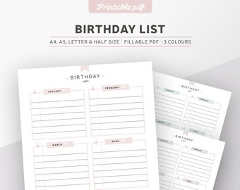 Printable birthday planner, fillable PDF, year calendar, birthday tracker page in 3 colours, planner inserts A4, A5, letter & half size