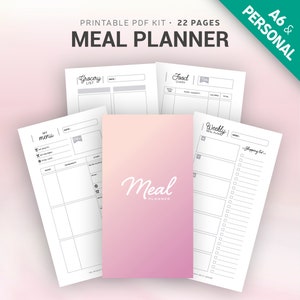 Könnte beinhalten: Ein druckbares PDF-Kit für die Meal Planning mit 22 Seiten. Das Kit enthält eine Einkaufsliste, ein Ernährungstagebuch, einen wöchentlichen Speiseplan und eine Seite "Mein Menü". Der Einband des Planers ist rosa mit dem Text "Meal Planner" in einer kursivschrift.