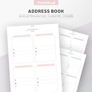 Address book printable, fillable PDF, contact phone number, contact page in 3 colours, planner insert A4, A5, letter & half size image 1