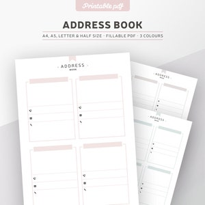 Address book printable, fillable PDF, contact phone number, contact page in 3 colours, planner insert A4, A5, letter & half size