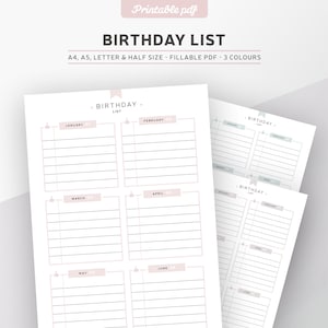 Planificador de cumpleaños imprimible, PDF rellenable, calendario del año, página de seguimiento de cumpleaños en 3 colores, insertos de planificador A4, A5, carta y tamaño medio