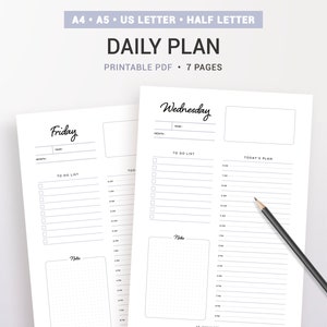 DAILY PLAN,  undated daily planner, daily diary, printable planner, 366 pages, day on 1 page, DO1P, 7 days, A5, A4, Letter & half size