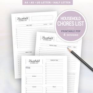 May include: Printable household chore list PDF template with four different designs. The template includes sections for daily, weekly, monthly, and everyday tasks. The template also includes a notes section and a section for tracking duration and when tasks are completed.