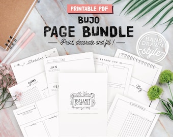 Illustrated printable pages for bujo, undated planner inserts, yearly, monthly, weekly plans, key, goals...  A4, A5, Letter and half size