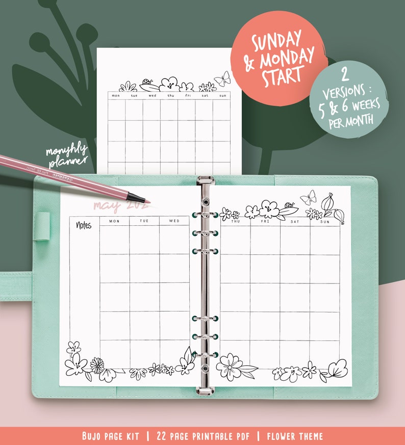 Printable pages for illustrated planner, coloring flower theme, undated planner pages, hand drawn style, page templates, A4, A5, Letter... image 7