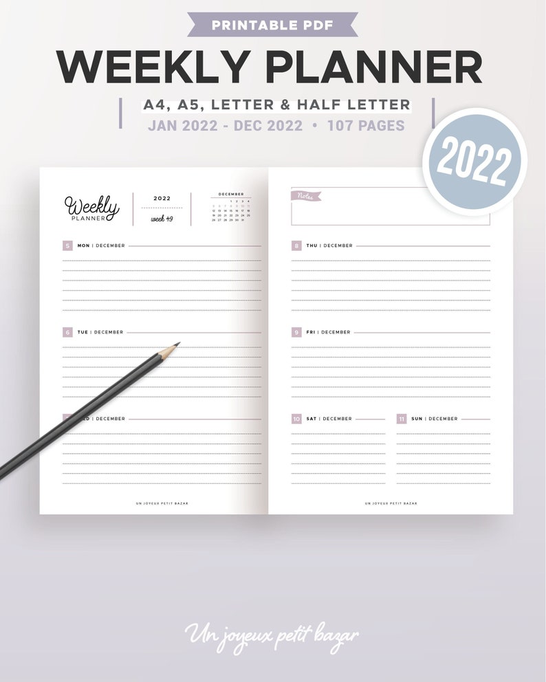 2022 WEEKLY PLANNER PRINTABLE Agenda Refill Pdf Diary Etsy