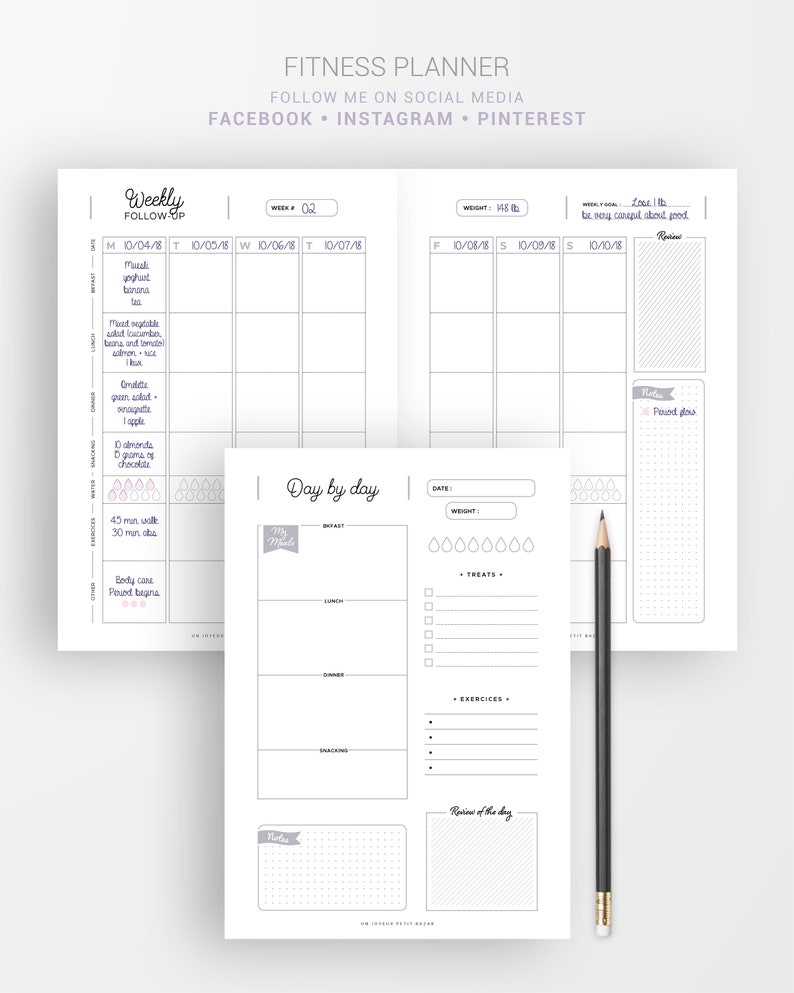 FITNESS PLANNER / Printable / fitness goals, food diary, fitness challenge, monthly and weekly follow-up, measurements tracker, sport... image 6
