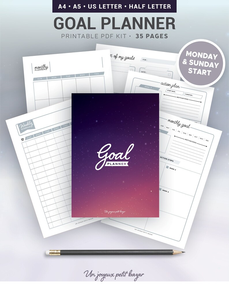Puede incluir: Un kit de planificador de objetivos PDF imprimible con 35 p&aacute;ginas. La portada presenta un fondo degradado con un dise&ntilde;o de cielo estrellado. El texto "Goal Planner" est&aacute; escrito en cursiva blanca. El texto "Un joyeux petit bazar" est&aacute; escrito en negro en la parte inferior de la portada.