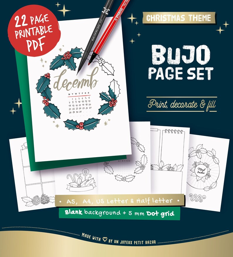 Printable pages for illustrated planner, Christmas & winter theme, undated planner pages, hand drawn style, page templates, A4, A5, Letter image 1